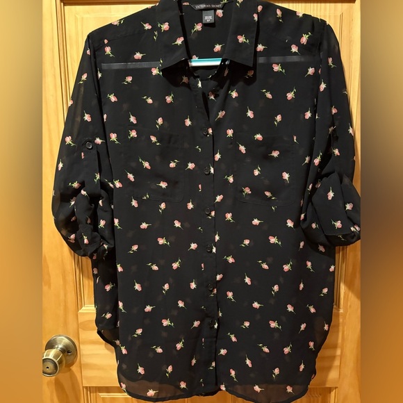 Victoria Secret Sheer Black With Pink Floral Button-Up Shirt Small - Picture 1 of 10